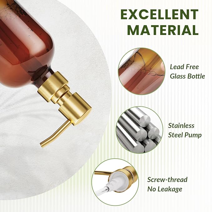 AmazerBath Amber Glass Soap Dispenser, 2 Pack Vintage Brown Bottle with Stainless Steel Pump,17 Oz Hand Dish Soap Dispenser Bottle, Modern Soap Dispensers for Bathroom Kitchen