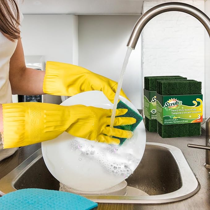 Scouring Pads - Heavy Duty Household Cleaning Scrubber with Non-Scratch Anti-Grease Technology - Reusable Scrubbing Pads - Green, 12 Pack
