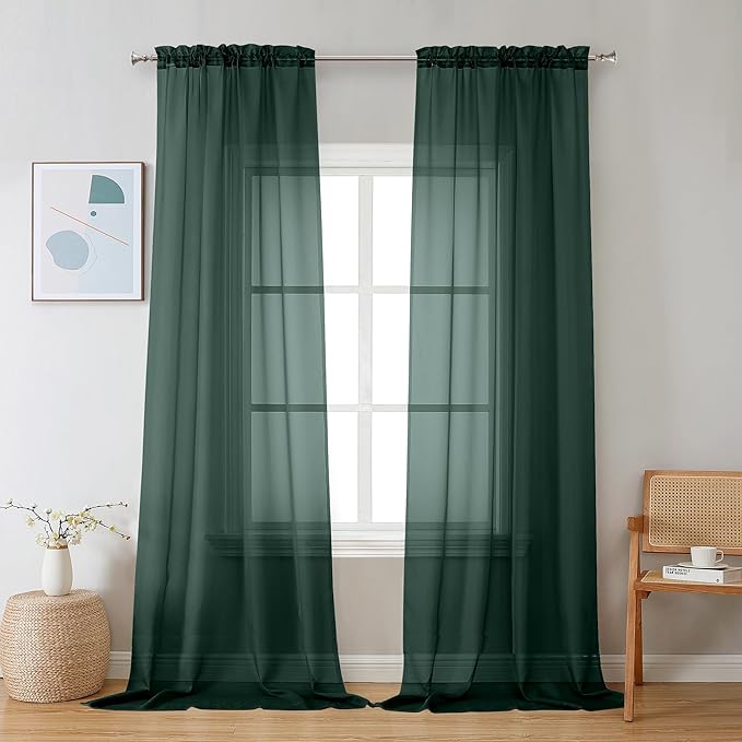 Chyhomenyc Sheer Hunter Green Curtains 90 inches Long 2 Panels, Light Filtering Soft Airy Solid Elegant Voile Window Treatment Drapes for Bedroom Living Room Wedding Party Decor, 42 Wx90 L Inches