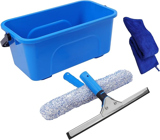 Squeegee for Window Cleaning,Window Cleaning Squeegee kit with Bucket&Microfiber Scrubber,Bathroom,Shower Doors,Mirrors,Tiles,and Car Windows Blue