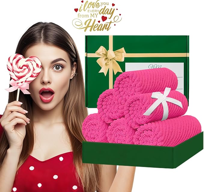 VOOVA & MOVAS Pink Washcloths (6PC, 13"x13") - 100% Cotton | Lightweight | Thick | Quick Dry | Soft | Absorbent, Luxury Towels for Face, Fluffy Wash Cloths for Bathroom, Towel Gift Set, Hot Pink
