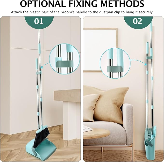 Broom and Dustpan Set, Dustpans with Broom Combo for Home, Heavy Dust Broom and Dustpan Combo, Long Handle Dust Pan and Broom Set for Kitchen, Office, Pet Hair,Green, Pack of 1