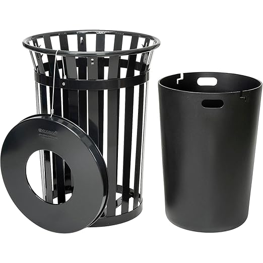 Global Industrial 36 Gallon Outdoor Slatted Steel Round Trash Can with Flat Lid, Plastic Liner & Anchor Kit Included, 28" W x 36" H, Commercial & Industrial Trash Can, Black