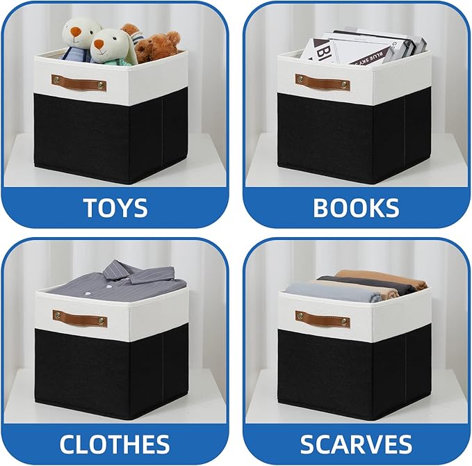 Temary 11 inch Cube Storage Bin 4 Pack Fabric Storage Cubes for Home, Fabric Storage Bin Storage Cube Bins with Leather Handles(White&Black)