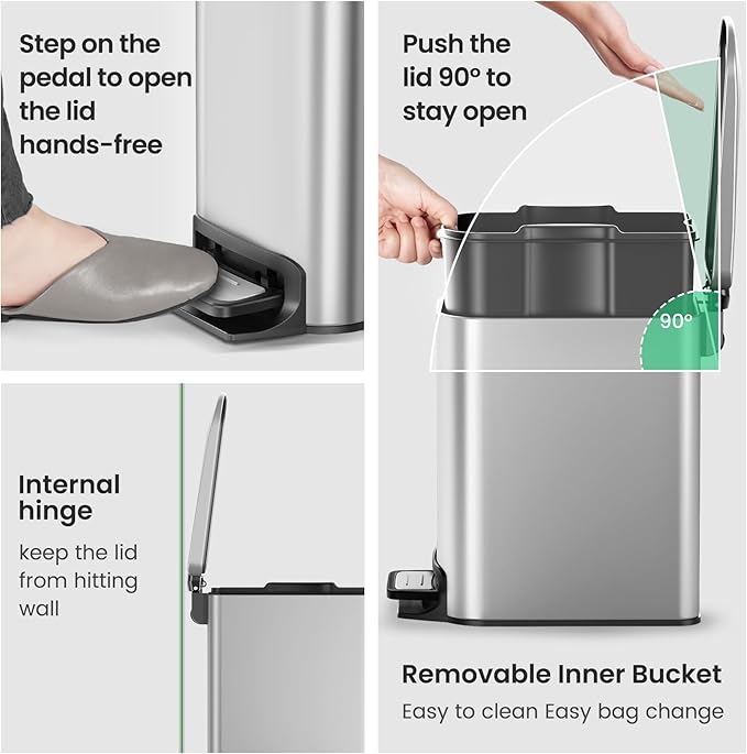 Cesun Small Bathroom Trash Can with Lid Soft Close, Step Pedal, 6 Liter / 1.6 Gallon Stainless Steel Mini Garbage Can for Office, Outdoor Trash Bin with Removable Inner Bucket (Silver)