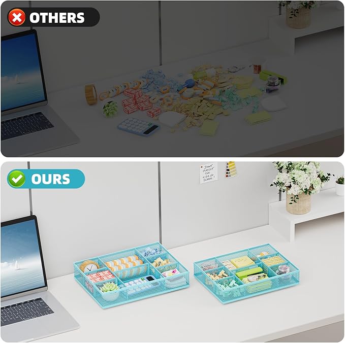 Marbrasse 2 Pack Desk Drawer Organizer, Mesh Drawer Organizer Tray with 8 Adjustable Compartments, Desk Organizers and Accessories, 5 Dividers Drawer for Office Supplies, Makeup & Vanity (Blue)