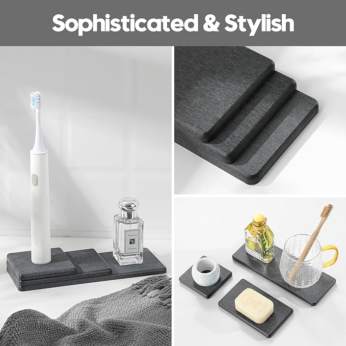 3PCS Water Absorbing Soap Dish Sponge Holder, Diatomite Stone Drying Tray Mat Sink Caddy for Kitchen Counter & Bathroom, Small Stone Bath Mat Faucet Accessories Organizer Protector,Dark Gray,9"x 3.5"