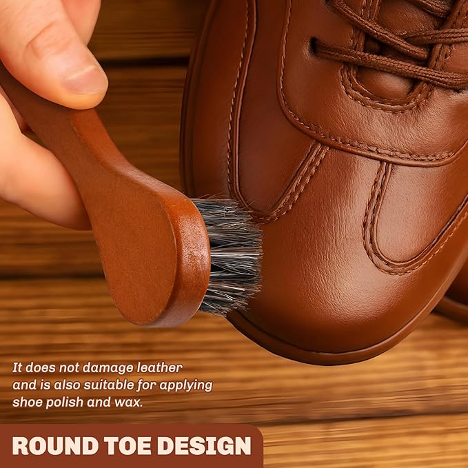 4 Pcs Horsehair Shine Shoes Brush Kit Polish Dauber Applicators Cleaning Leather Shoes Boots Care Brushes Suede Cleaner Brush with Microfiber Shoe Cloth(Brown Handle A)