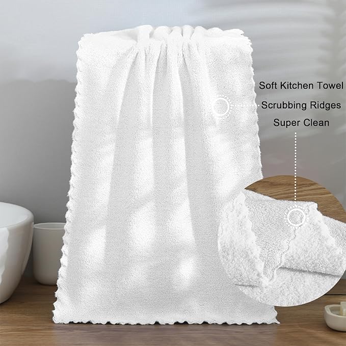 kimteny Kitchen Cloth Dish Towels, 13x28 Inches Premium Dishcloths, Super Absorbent Coral Velvet Microfiber Cleaning Cloths, Fast Drying Rags for Washing Dishes (13x28-12 Pack, White)