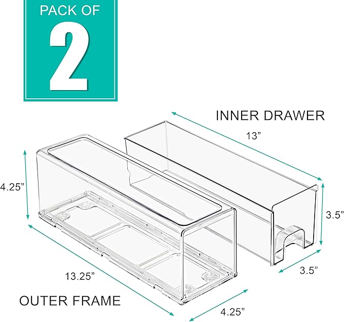 Sorbus Small Clear Storage Drawers (2 Pack) – Stackable Organizer Bins with Pull-Out Drawers for Kitchen, Pantry, or Fridge – Acrylic Storage Bins with Handles