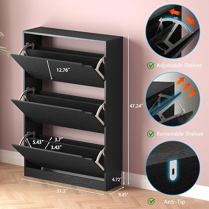Shoe Storage Cabinet with 3 Flip Drawers,Narrow Shoe Rack Cabinet,Freestanding Organizer Storage for Entryway, Hallway, Black