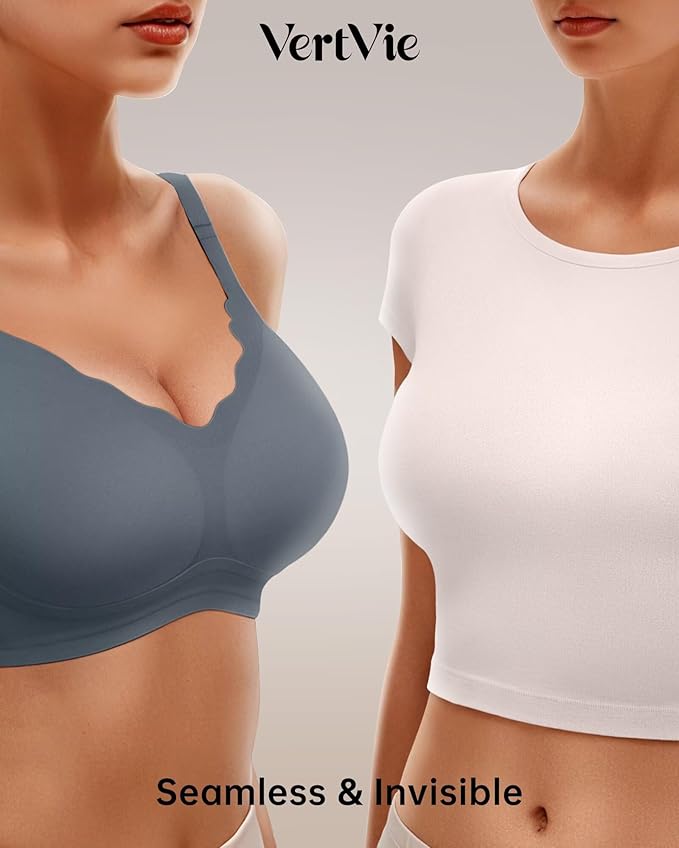 Vertvie Womens Seamless Bras No Underwire Supportive Wireless Push Up Full Coverage Bralette Comfort Scalloped T-Shirt Bra