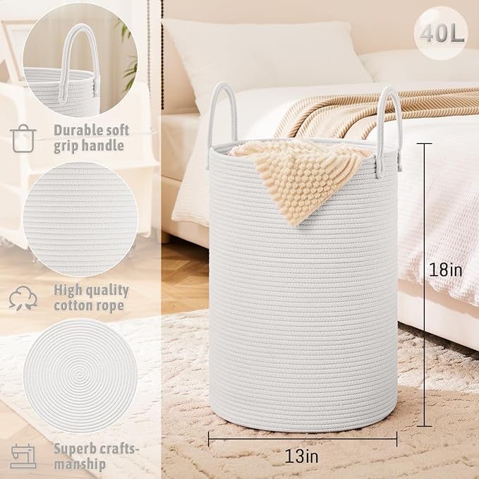 Laundry Basket,Woven Cotton Rope Laundry Hamper,40L for Decorative Storage of Dirty Clothes,Toys and Blankets in Bathroom,Baby Room and Living Room