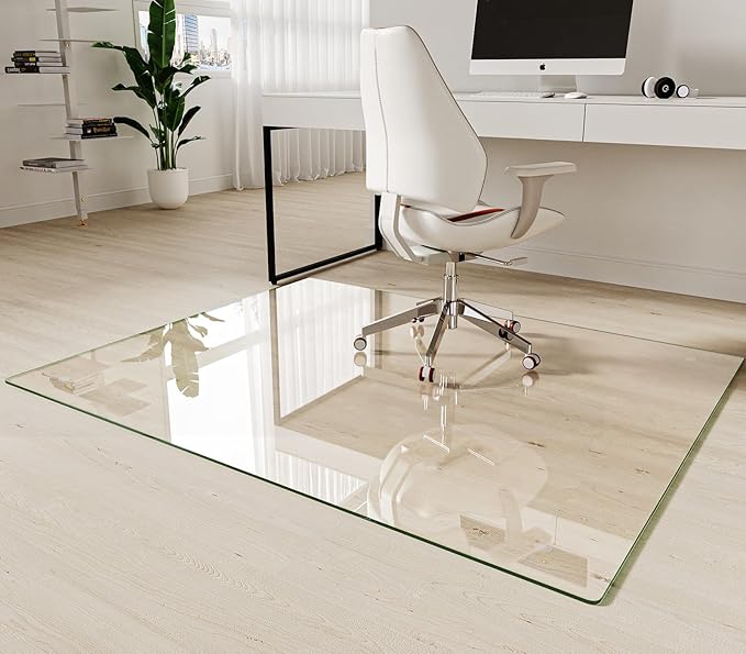 Koonmi Tempered Glass Chair Mat 60"x48" - Premium Office Chair Mat for Hardwood Floors & Low-Pile Carpet with 4 Non-Slip Pads - Thick Scratch-Resistant Surface