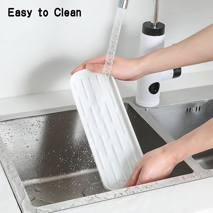Silicone Kitchen Sink Organizer Tray for Multiple Usage,Eco-Friendly Sponges Holder for Kitchen Bathroom Counter or Sink,Dish Soap Dispenser,Scrubber,Bottle,Cup (White, 12"×4")