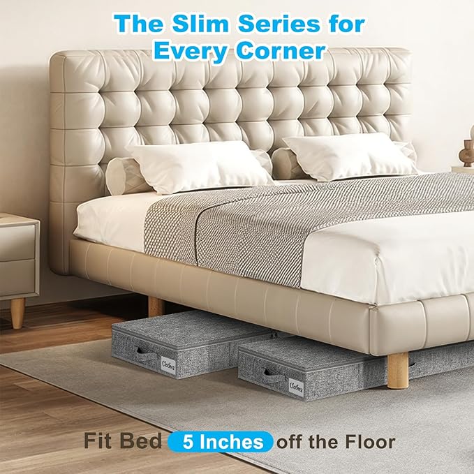 Under Bed Storage Container Bins 2 Pack, 5 Inch Thin Low Profile Underbed Clothes Storage Organizer for Dorm & Home, Use for Blanket and Toy Storage Box W/ Sturdy Bottom/Sides, Foldable Thick Fabric