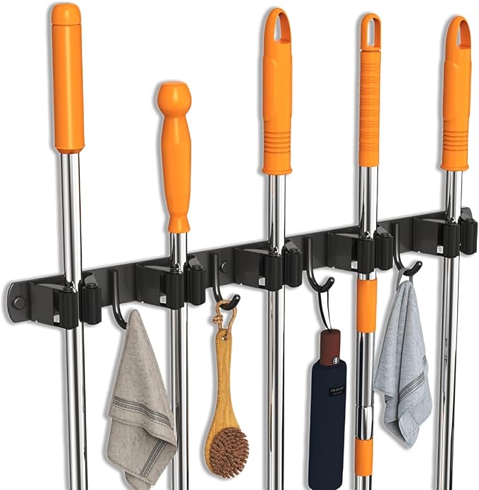 2 Pack Mop and Broom Holder Wall Mount, Non-slip Broom Hanger Wall Mount, Heavy Duty Mop Broom Organizer for Kitchen Garden Garage Laundry Room Wall Decor Organization and Storage Black 5R4H