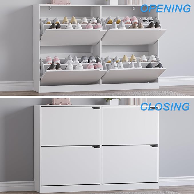 Shoe Cabinet with 4 Flip Drawers, Narrow Hidden Shoe Storage Cabinet, Slim Freestanding Shoe Rack Organizer for Entryway, Hallway, Bedroom, Living Room