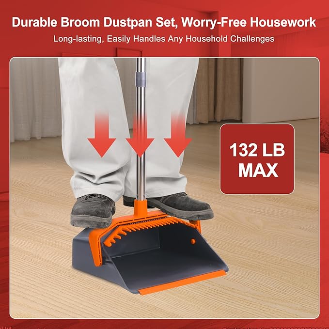 Broom and Dustpan Set with 51'' Long Handle, Upright Broom and Dustpan Combo for Home Kitchen Office Restaurant Garage Lobby Dog Cat Pets Hair - Grey and Orange