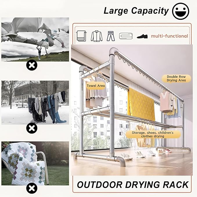 Clothes Drying Rack with Windproof Hooks, 63 inch Drying Rack Clothing Indoor Outdoor, Free Standing Metal Clothes Rack