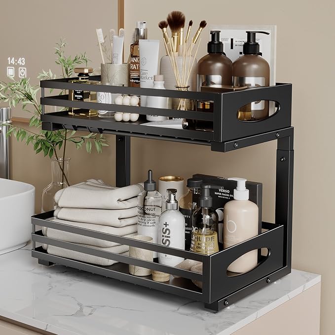 Under Sink Organizer, 2 Tier Under Sink Organizers and Storage, Adjustable Height, Slide out Metal Cabinet Organizers, Pull out Cabinet Storage Drawer Shelf for Kitchen Bathroom Black, 1 Pack