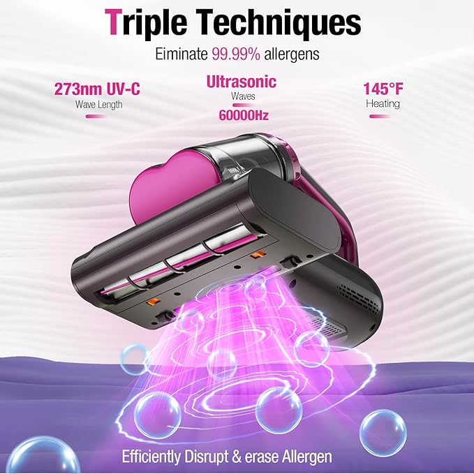 Mattress Vacuum Cleaner, 17Kpa 650W Bed Vacuum Cleaner, 273nm UV-C Light & Ultrasonic 145°F Heating, 80000 RPM/Min Brushroll Rotation, Wide Suction Port for Pillows Cribs Sofa, Black Corded