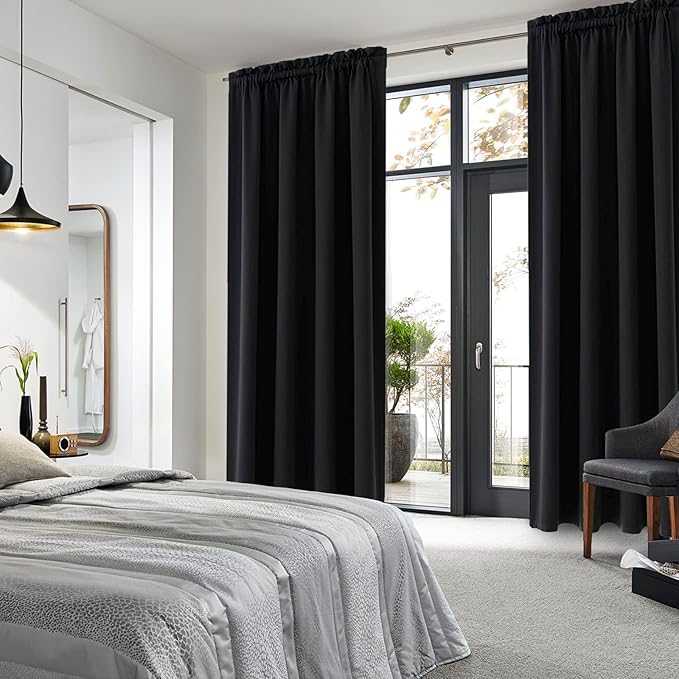DWCN Blackout Curtains for Living Room Thermal Insulated, Energy Saving & Noise Reducing Bedroom Curtains, Black, W 70x L 84 Inch, Set of 2 Rod Pocket Curtain Panels