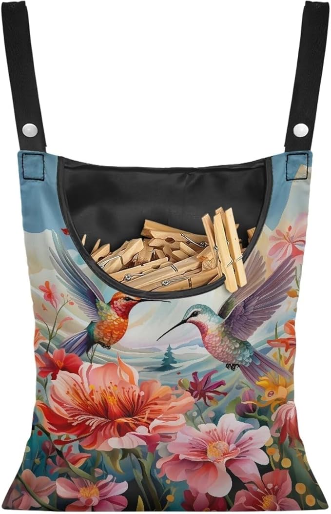 Hummingbird Hibiscu Large Capacity 14.5 x 12 Inch Clothespin Bag with Hanging Hook Waterproof Clothes Pin Hanging Bags Clothespin Storage Organizer with Large Opening