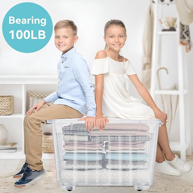 Nazhura 72 Quart Plastic Storage Bin, Stackable and Nestable Storage Boxes with Clear Lids and Secure Latching Buckles, Large Storage Container (Clear, 72Quart-4Pack)