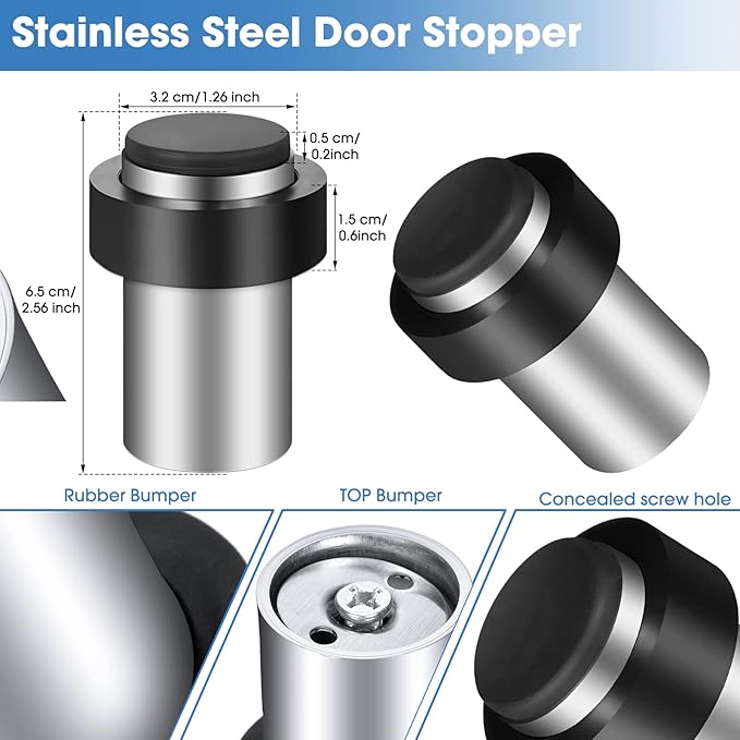 Chumia 6 Pcs Door Stopper Mounted Floor Stops Stainless Steel Cylindrical Stopper Modern Decorative Rubber Bumper Stops Holder Wall Protector for Bottom or Top of Door (Silver)