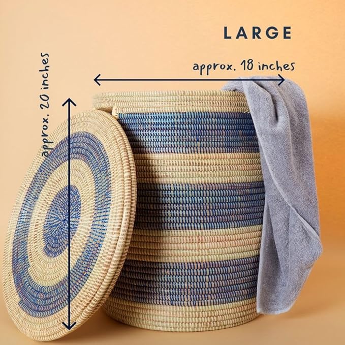 Storage & Organization - Laundry Basket, Bedroom Hamper, Nursery Toys Bin, Living Room Blankets Storage, Decorative, Wicker, Sturdy, Round, Handles, Woven, Blue Beige (Medium)