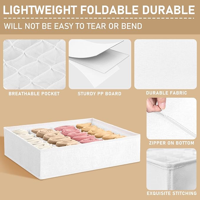 Criusia 3 Pack Sock Underwear Drawer Organizer Dividers, 64 Cell Fabric Foldable Cabinet Closet Organizers and Storage Boxes for Storing Socks, Panties, Ties (16+24+24 Cell, White)