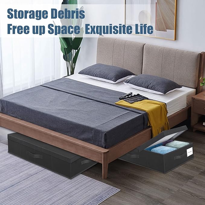 Underbed Storage Containers Bin with Lids (Set of 2) Large Under Bed Storage Organizer Box with Handle, Foldable Under the Storage Bags for Organizing Clothes, Shoes, Blankets, Pillows-Black