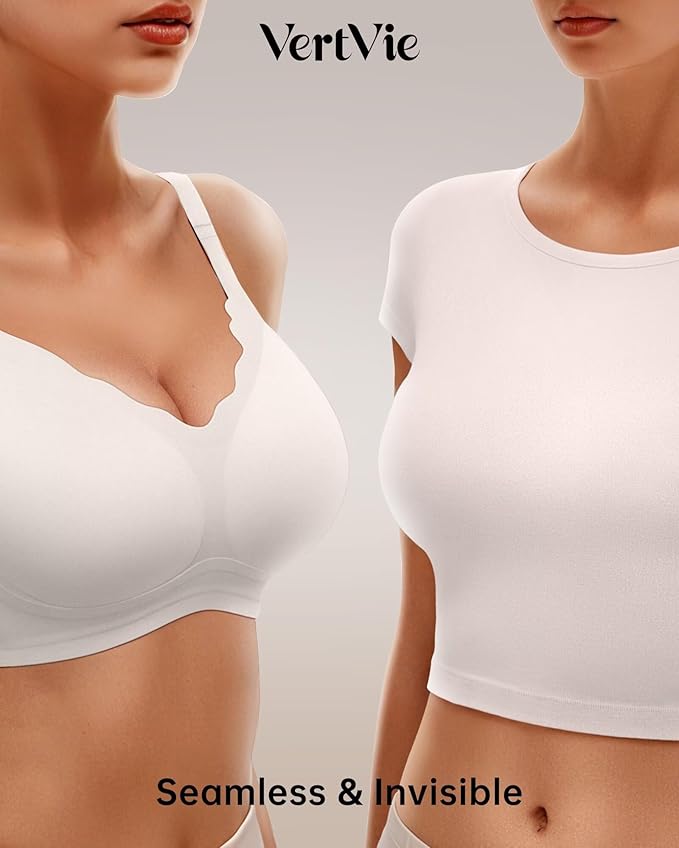 Vertvie Womens Seamless Bras No Underwire Supportive Wireless Push Up Full Coverage Bralette Comfort Scalloped T-Shirt Bra