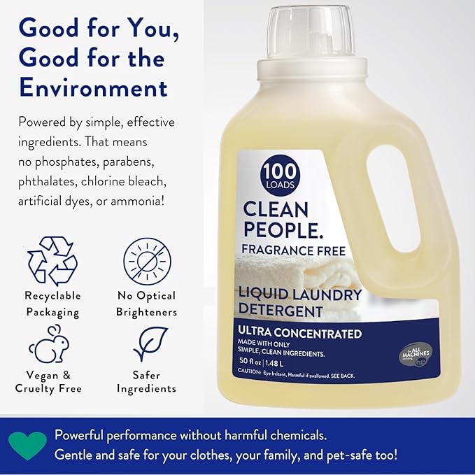 The Clean People Liquid Laundry Detergent - Recyclable Packaging, Stain Fighting - Ultra Concentrated, Laundry Soap - Fragrance Free, 50 fl oz
