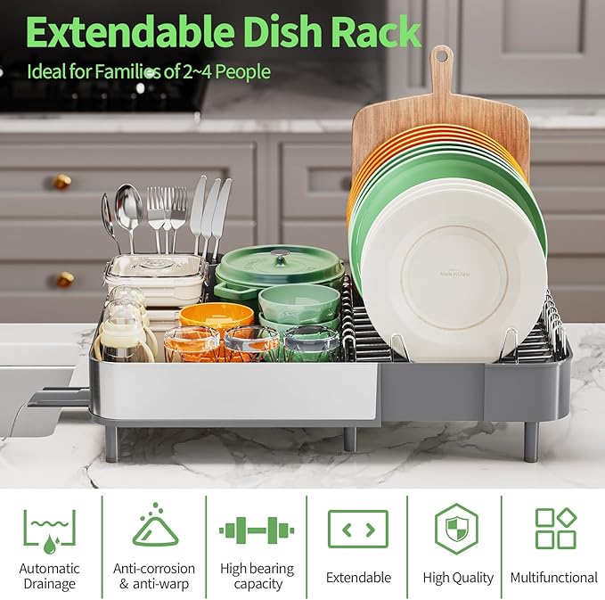 Expandable Dish Drying Rack,Foldable 304 Stainless Steel Dish Rack with Dual Parts, Extendable Dish Drainer Rack for Kitchen Counter, Dish Drying Rack with Cutlery Holder Gray