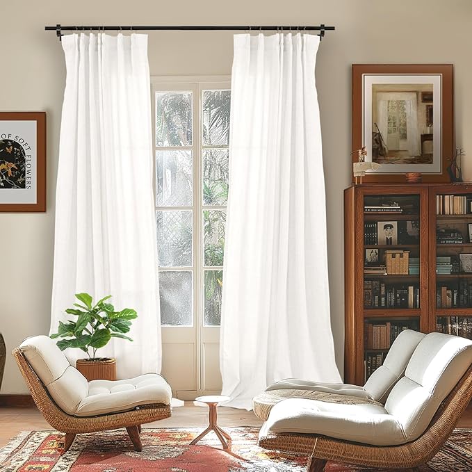 YoungsTex White Linen Semi Sheer Curtains for Living Room 84 Inch Length 2 Panels - Light Filtering Drapes with Pinch Pleated for Bedroom Dining Office Back Tab Window Treatments, 40 X 84 Inch