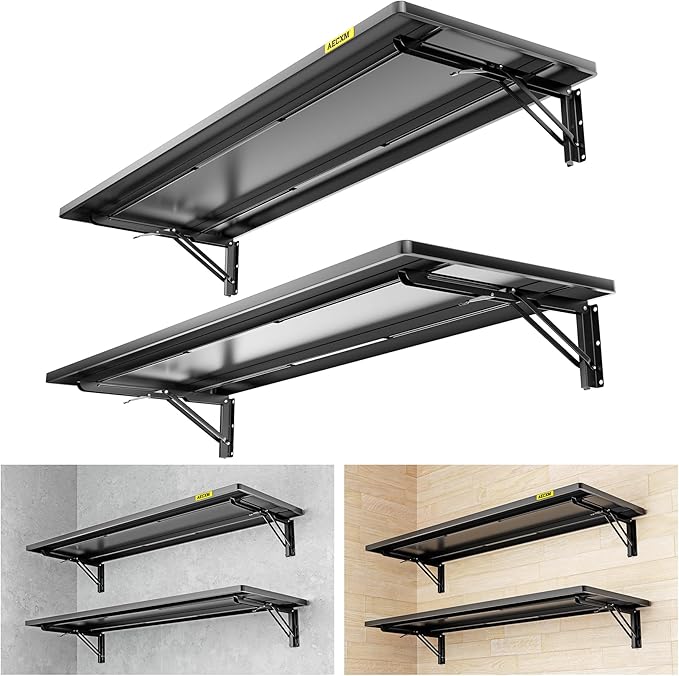 2pack-1.3x4ft Adjustable Rail Type Folding Storage Rack Shelf, Suitable for Garage, Storage Room, kitchens Wall Shelf Garage Storage Rack Floating Shelves, Wall Mounted Folding Table(2pcs-Black)