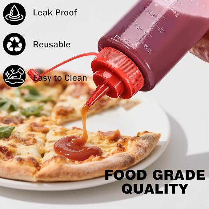 Condiment Squeeze Bottles Ketchup Dispenser, 4 Pack 32oz Squeeze Bottles for Liquids, Plastic Sauce Bottle with Cap Lid, Squirt Bottles for Sauces Liquids BBQ Dressing Pancake Art