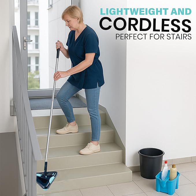 Zippi Sweeper Max - 2025 Version Lightweight Sweeper, Triangular Design Allows for Sweeping in Corners, Perfect for Short Carpet Hardwood and Tile, LED Light, 1 Hr Cleaning Time