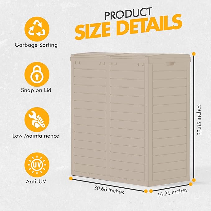 62 Gallon Outdoor Trash Can, Waterproof Resin Trash Can with Layered Lid and Drip Tray, Perfect for Patio, Backyard (Grey)