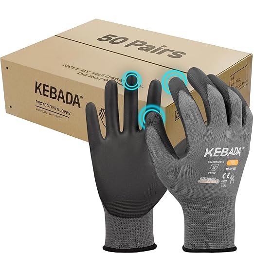 Kebada W1 Work Gloves for Men and Women, Touchscreen PU Coated Gloves with Grip, 50 Pairs Bulk Pack, Ideal for Warehouse Package Handling, Construction, Gardening, Gray X-Large