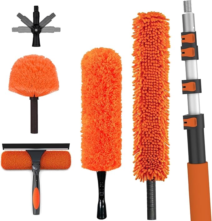 26FT High Reach Duster Cleaning Kit with Extension Pole, High Ceiling Fan Cleaner Duster Tool for Fan Blades, Window Washing Kit with Microfiber Feather Duster & Window Squeegee