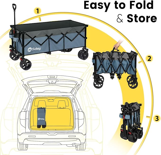 Sekey 48''L Collapsible Foldable Extended Wagon with 440lbs Weight Capacity, Heavy Duty 300L Folding Utility Garden Cart with Big All-Terrain Beach Wheels & Drink Holders. Blue&Grey