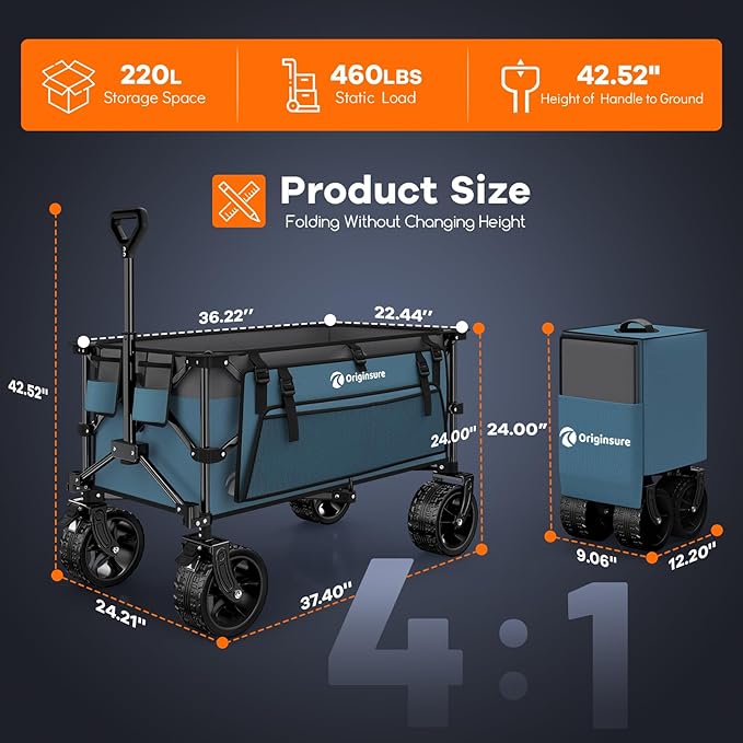 220L Collapsible Wagon Cart Foldable, 460lbs Load Capacity Heavy Duty Folding Beach Wagons with Big All-Terrain Wheels, Utility Carts for Groceries, Shopping, Camping, Sports - Grey&Blue