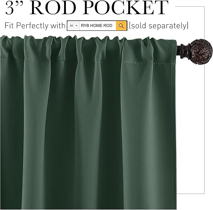 RYB HOME 54 inch Curtains for Living Room, Rod Pocket Thermal Insulated Small Window Drapes Room Darkening Shades for Bedroom Studio Closet, W 42 x L 54 inch, Set of 2 Panels, Dark Green