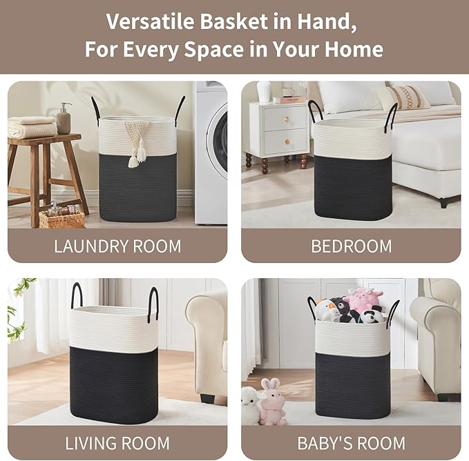 Laundry Basket with Handles - Blanket Basket & Hampers for Bedroom Aesthetic, Laundry Hamper & Blanket Storage for Living Room, Clothes Hamper, Tall, Large 17" x 14" x 25”, White & Black