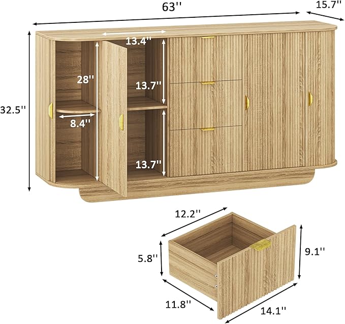 63" Tambour Dresser for Bedroom with 3 Drawers, Modern Chest of Drawers with Sliding Doors & 8 Shelves, Fluted Dresser Storage Organizer for Bedroom, Closet, Living Room(Natural)