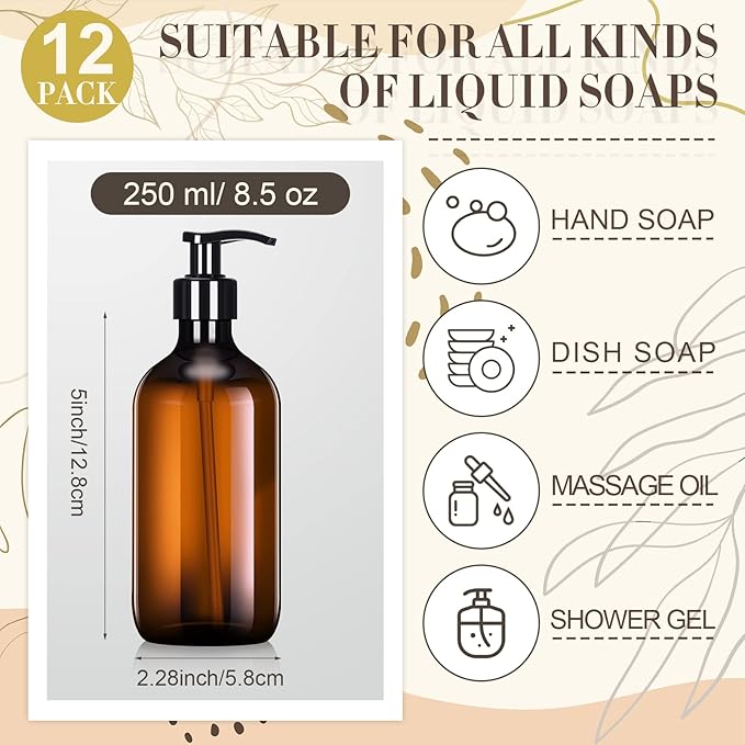 Tessco for you 12 Pack Amber Soap Dispenser Empty Plastic Pump Bottles Dispenser Refillable Shampoo Container for Hand Sanitizer Soap Lotion Body Wash Conditioner Bathroom Kitchen Travel(8.5 oz)