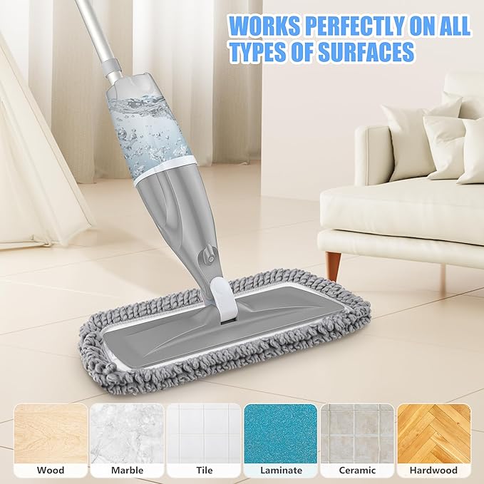 Microfiber Spray Mops for Floors Cleaning: EXEGO Dust Mop Wet Mop with 3 Washable Resuable Pads -440ML Refillable Bottle and 1 Scraper - Flat Floor Mop for Hardwood Laminate Ceramic Tiles Vinyl Woood